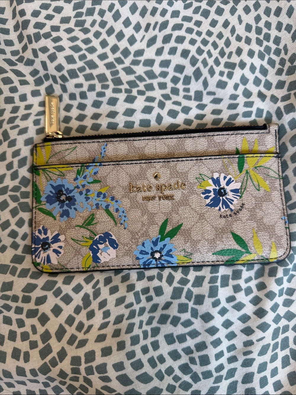 kate spade Beige Floral Zip Card Holder with Blue and Green Accents